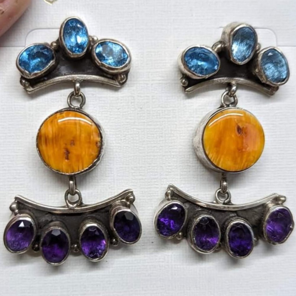 Hand made Spiny oyster, topaz and amethyst earrings in sterling